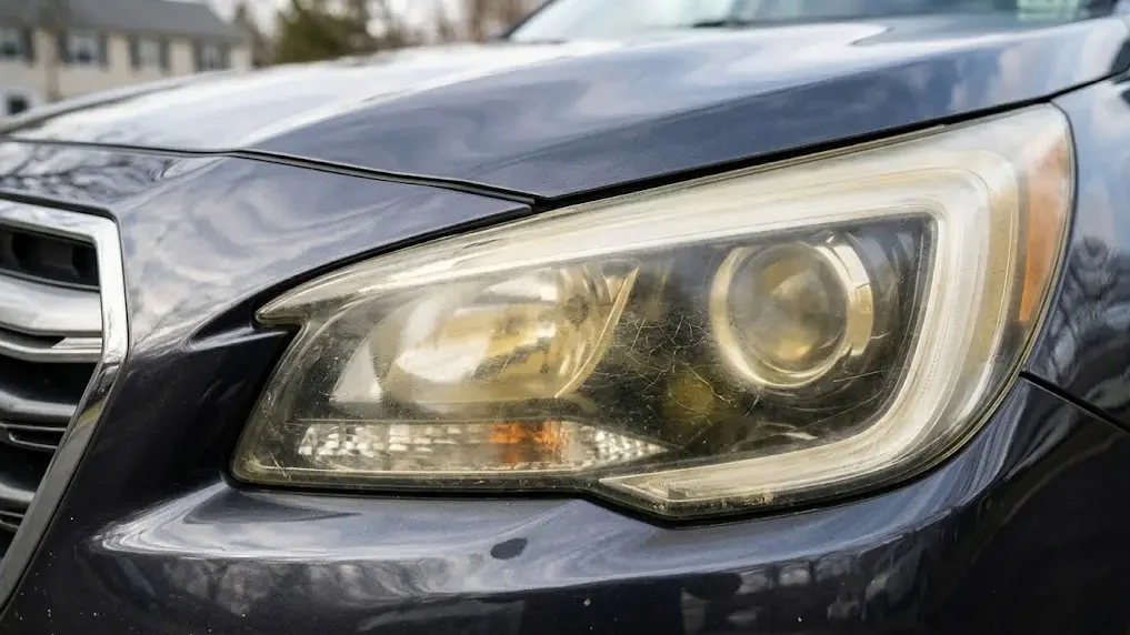 Can cloudy headlights fail inspection? Yellow and hazy headlight lenses on a vehicle in New Jersey.