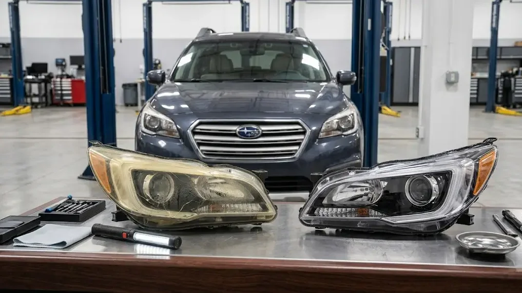Restored clear headlights compared with cloudy lenses to show how headlight condition can affect inspection