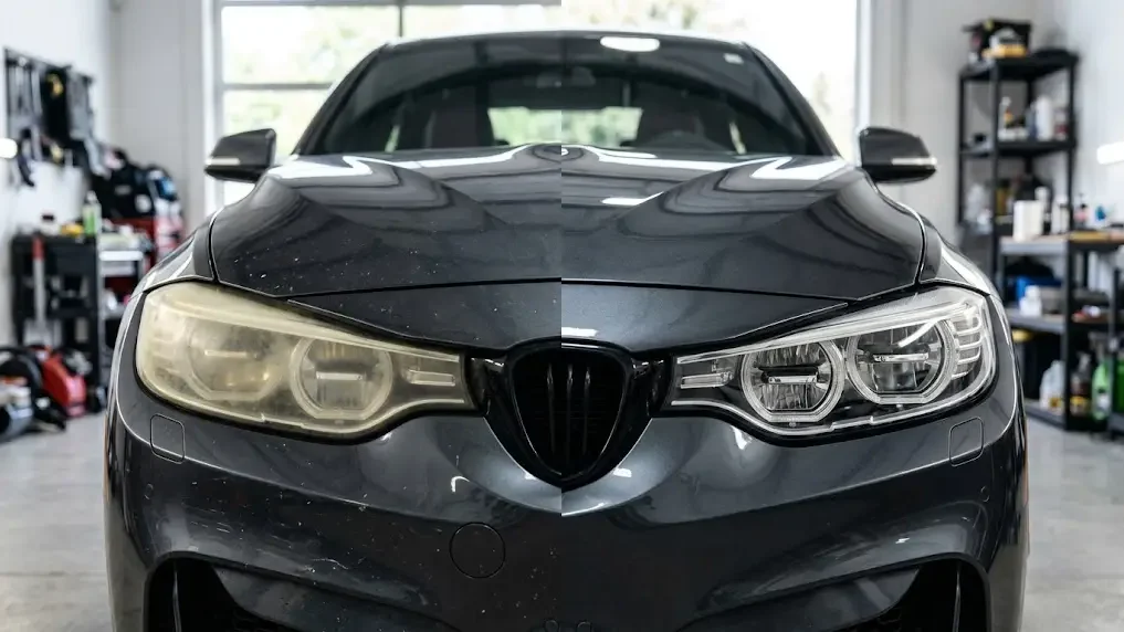 Before-and-after car headlight restoration illustrating why headlights turn yellow and how protective coating helps restore clarity.