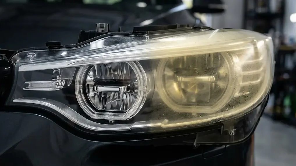 Professional restoration showing why headlights turn yellow and how sanding and polishing restore a clear, oxidized headlight lens.