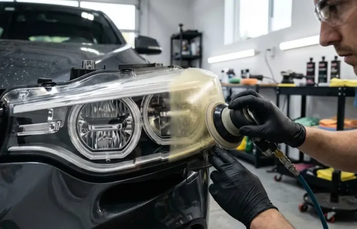 Why headlights turn yellow due to UV exposure and oxidation, shown on a cloudy and yellowed car headlight.