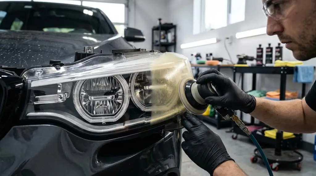 Why headlights turn yellow due to UV exposure and oxidation, shown on a cloudy and yellowed car headlight.