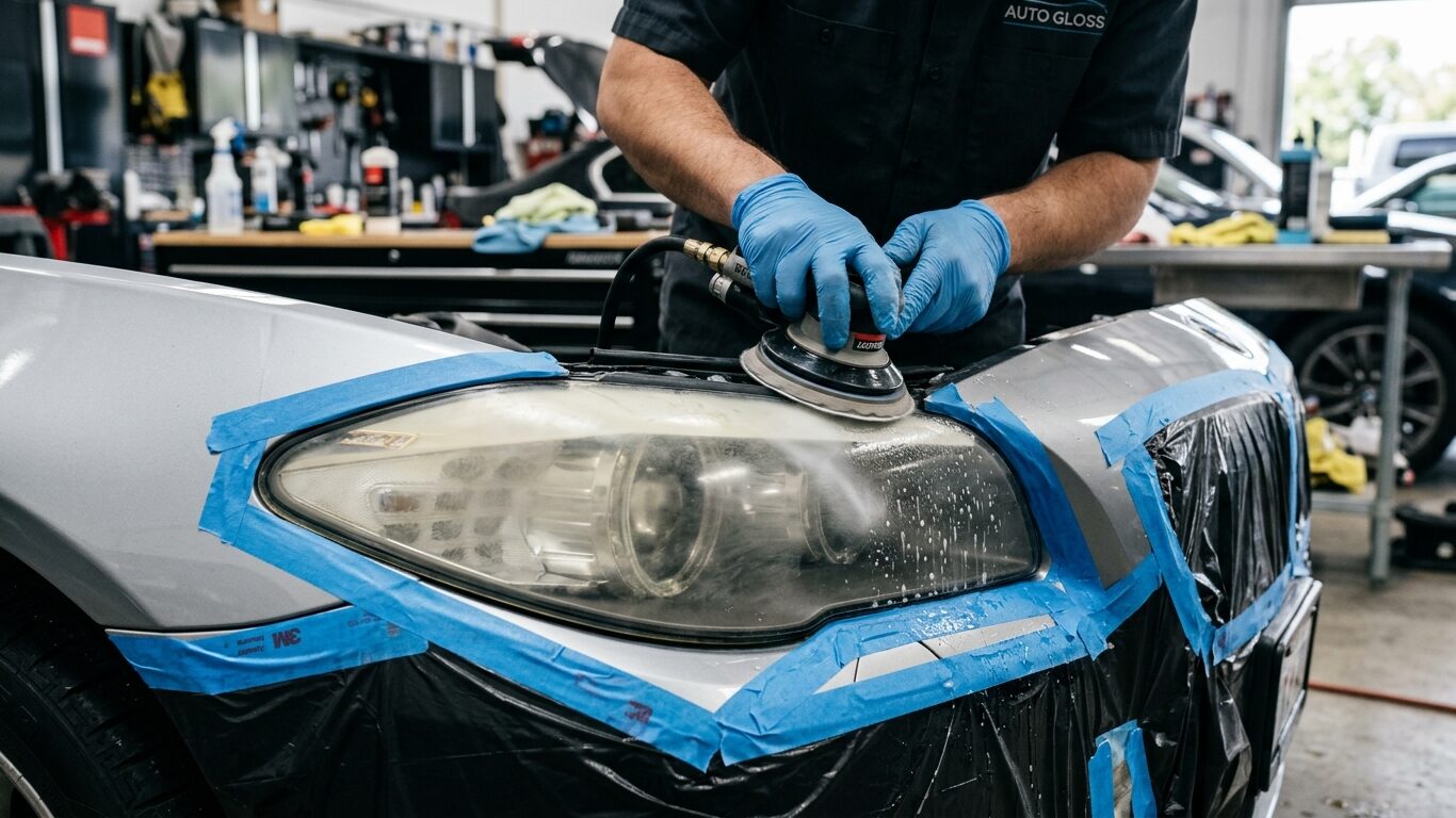 Professional Headlight Lens Restoration Toms River, NJ technician removing oxidation from a headlight.