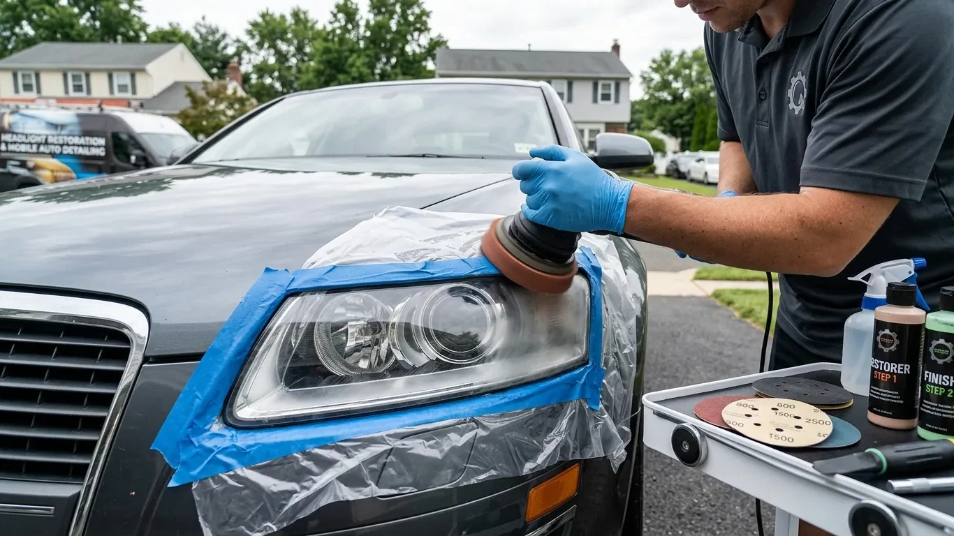 Professional Headlight Restoration Hazlet Township NJ technician polishing an oxidized lens